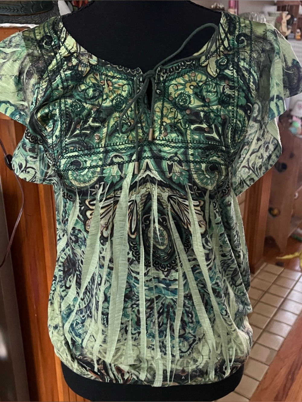 Apt. 9 y2k Green Paisley studded Lace-Trim Peasant Blouse